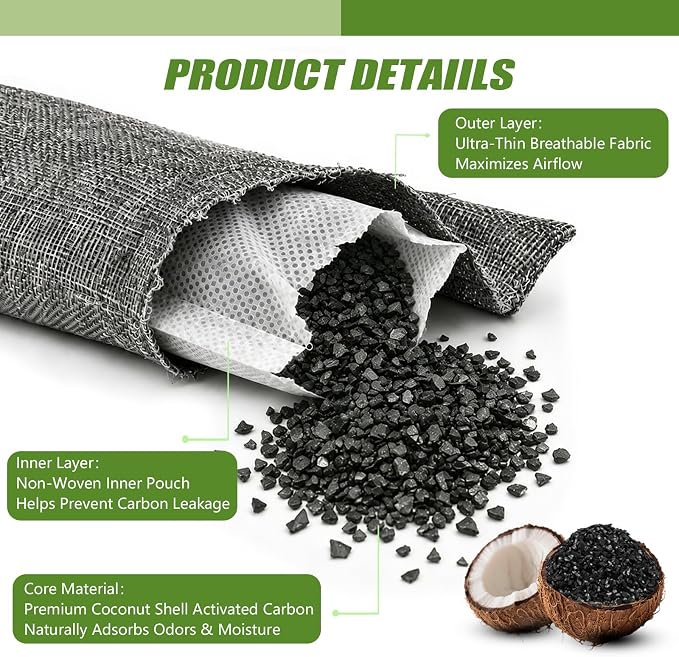 Activated Charcoal Bags Odor Absorbers, Activated Charcoal Odor Absorber for Strong Odors in Car, Closet, Shoe, Pet, Smoke, Basement. Coconut Shell Air Purifying Bag(8 x 100g）