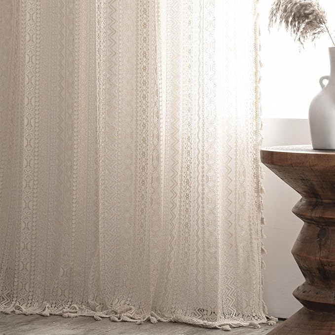 Sutuo Home Boho Curtains for Bedroom Nursery 90 Inch Length, Bohemian Geometric Crochet Sheer Lace Handmade Tassels Window Treatment Vintage Rustic Drape Rod Pocket 1 Panel 59" W x 90" L, Beige Wave