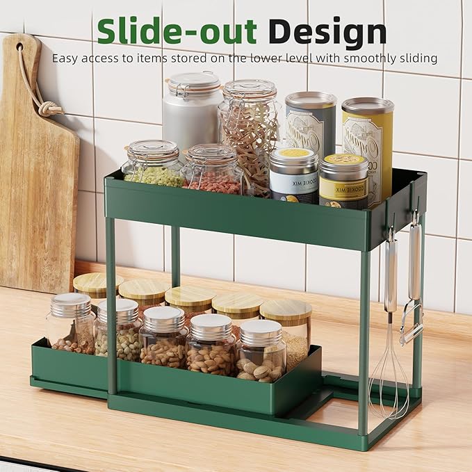 Simple Trending Under Sink Organizer 2 Pack, with Sliding Drawer, Green | 2-Tier Multi-Use Under Shelf Organizer with Hooks, Sink Pull-Out Sliding Storage Cabinet for Kitchen Bathroom, Easy Assembly