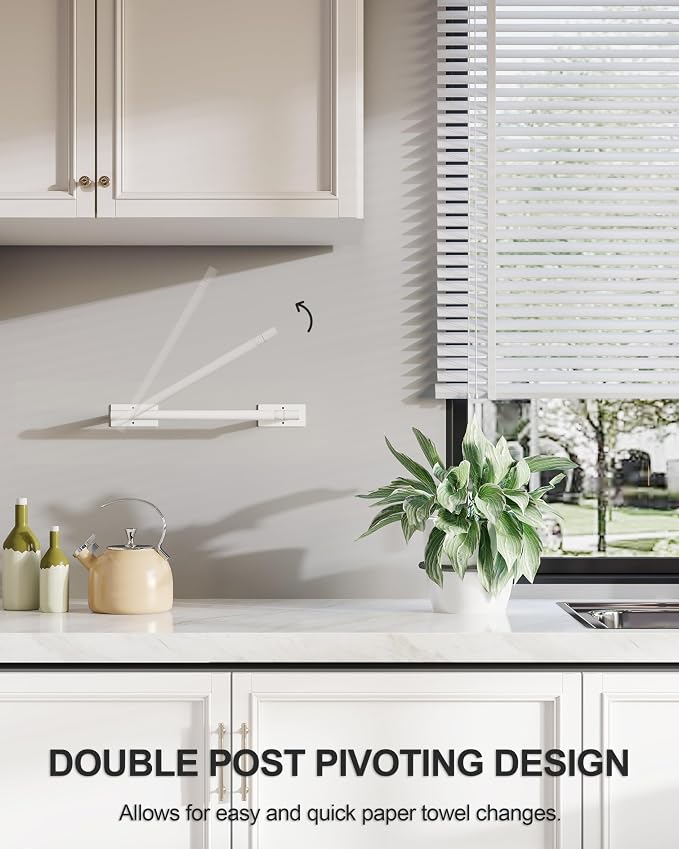 White Paper Towel Holder Under Cabinet Self Adhesive or Wall Mount | 304 Stainless Steel Post Pivoting Design No Drilling for Kitchen, Bathroom Waterproof & Rustproof, Square Base