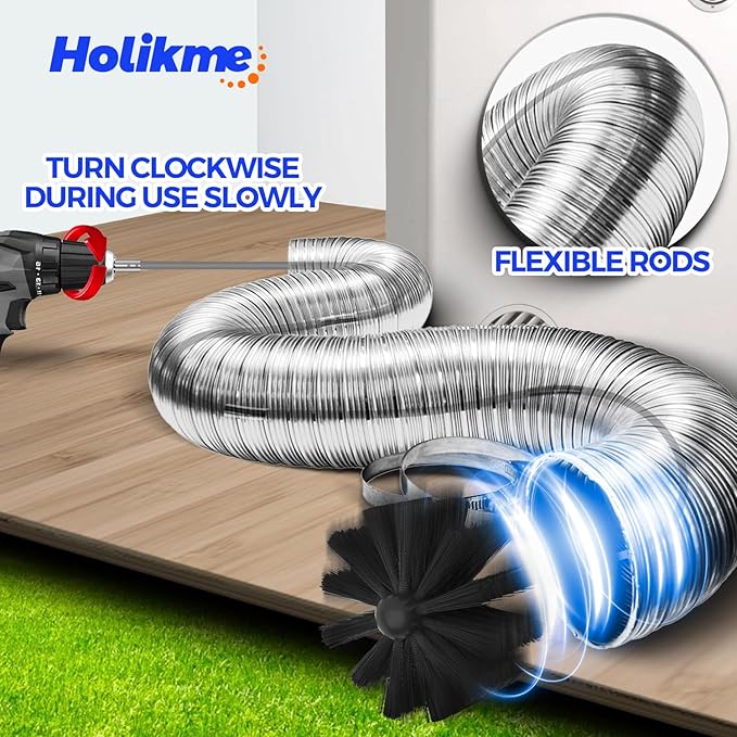 Holikme Dryer Vent Cleaner Kit - 15Ft Flexible Lint Brush for Deep Cleaning | Dryer Vent Cleaner Brush with Drill Attachment, Removes Years of Lint Buildup, Faster Drying & Fire Safety, Gray