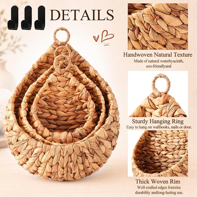 3 Hanging Baskets,Water Hyacinth,Teardrop,Jute | Wicker Wall Baskets with Hooks for Fruit Vegetable Onion Storage, Teardrop Organizer for Kitchen, Boho Farmhouse Decor