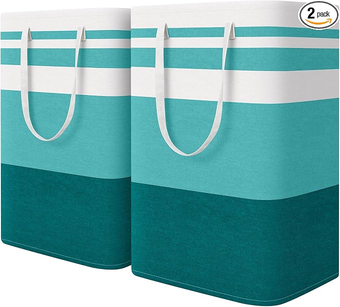 HomeHacks 2 Pack Large Laundry Baskets, Laundry Hampers Bags (Green 75Lx2) | Waterproof, Freestanding, Collapsible Clothes Hamper with Reinforced Handles in Laundry Room, Dorm, Bathroom, Bedroom