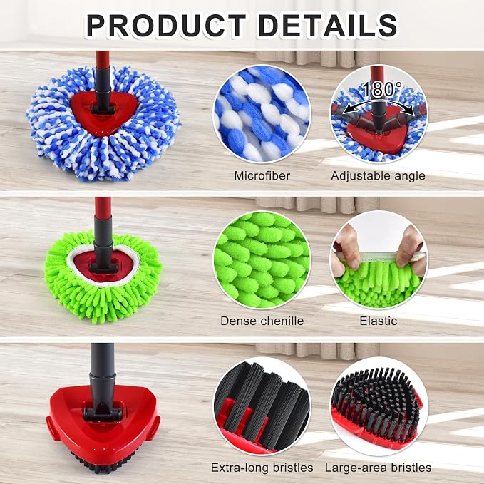 Mop Head Replacement for O Cedar, Spin Mop Replacement Head for Ocedar RinseClean 2 Tank System, Mop Heads Includeds 3 Mop Replacement Heads, 2 Upgrade Spin Scrub Brush, 1 Base & 1 Chenille Pad