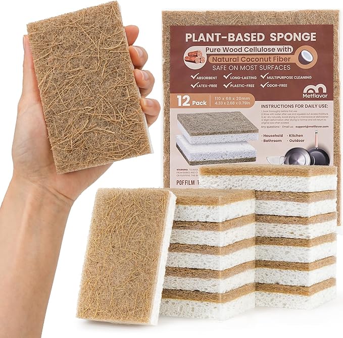 Metflavor Kitchen Sponges, 12 Count, Natural Sponge with Coconut Scrubber | Plant-Based, Non-Toxic, Biodegradable & Compostable, Non-Scratch, All-Purpose Cleaning