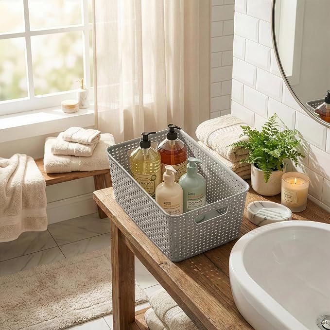 BINO | Plastic Storage Baskets, 13.5 Liter - 3 Pack, Natural Grey | THE WOVEN COLLECTION | Storage Basket for Shelves | Woven Storage Baskets for Organizing Bins Pantry Shelf Organizer | Container Bin