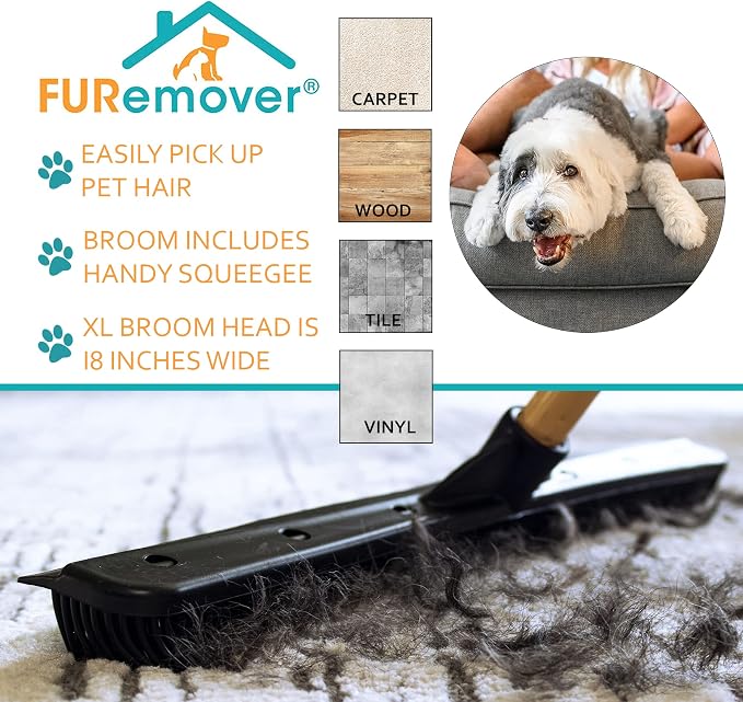 FURemover Pet Hair Removal Rubber Broom, Heavy Duty Cleaning 18" Broom Head | Multi-Surface Rubber Broom with Built in Squeegee Edge, Sweeps up Fur, Hair, and Debris on Tile, Wood, Vinyl, and Carpet