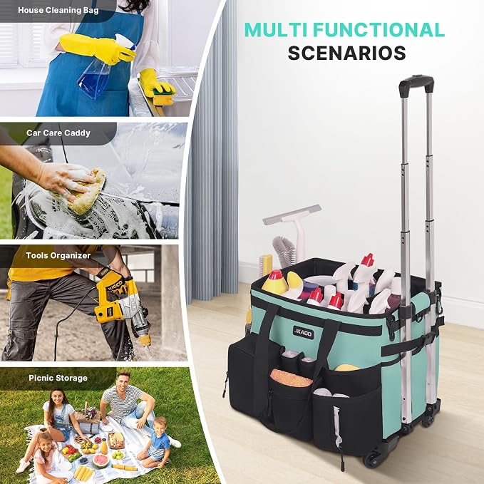 JKAOO Large Rolling Cleaning Caddy Bag with Detachable Trolley, Blue-Green | Waterproof Cleaning Caddy with Wheels, 40L Wheeled Organizer Cart for Supplies, Housekeepers, Home, Office, Car, Picnic