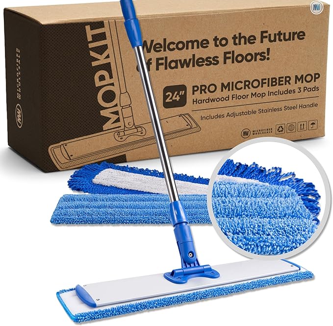 Microfiber Wholesale 24" Professional Microfiber Flat Mop – Wet, Dry & Dust for Hardwood, Vinyl Plank, Laminate & Tile – Commercial Flat Mop System, 64" Stainless Handle, 3 Reusable Pads