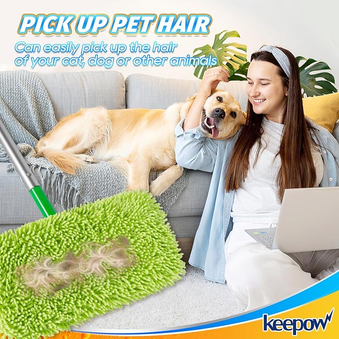 KEEPOW 6 Pack Reusable Microfiber Mop Pads Compatible with Swiffer Sweeper | Chenille, Multi-Color (2 White, 2 Green, 2 Blue) Dry Wet Mopping Refills, Bonus Laundry Bag