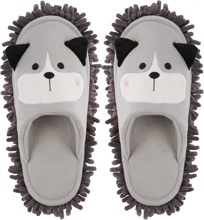 Detachable Dog Mop Slippers for Floor Dusting, Gray | Washable Microfiber Cleaning Slippers for Kitchen Room Office, Non Slip Mopping Slippers for Women