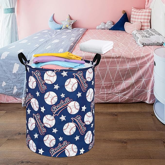 Round Baseball Pattern Laundry Hamper Clothes Storage Basket Fabric Storage Hamper Organization Storage Bin, Nursery Box,Gift Basket with Handles