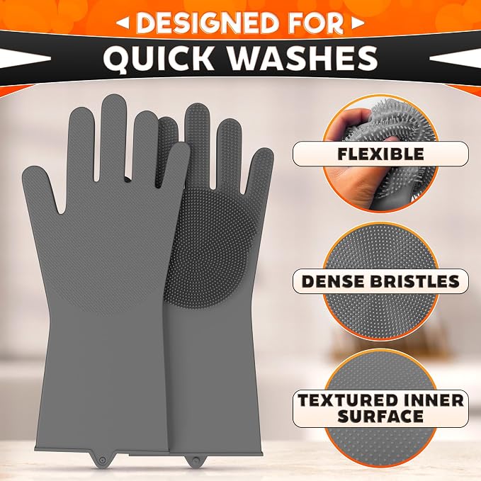 ALPENKOK Silicone Gloves for Washing Dishes, Reusable, Non-Slip (Grey) | Tear-Resistant, Water-Blocking, Dense Bristles; Dog Washing Gloves for Pet Use, Kitchen Cleaning & Daily Chores