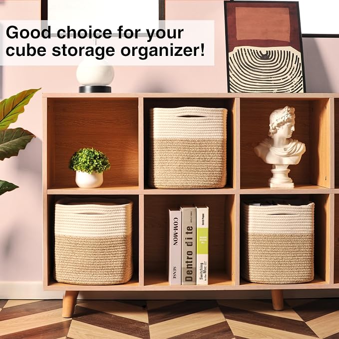 11 Inch Cube Storage Bins, 11x11 Organization Bins for Cube Organizer, Square Cloth Storage Cubes, Woven Storage Baskets for Shelves, Toy Baskets Storage Kids, Off White & Brown (Pack of 3)