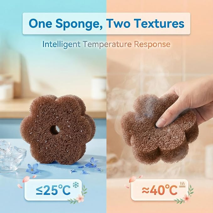 Scrub Flower Temperature Sensitive Sponges, Earth Dahlia, 3 Count | Firm when cold and soft when warm, these odor-resistant scrubbers clean dishes, kitchen surfaces and more.