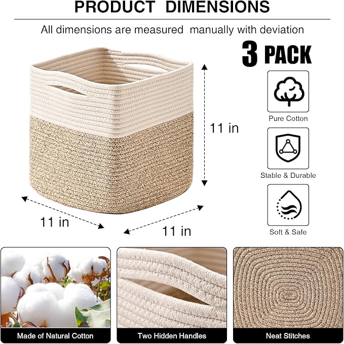 11 Inch Cube Storage Bins, 11x11 Organization Bins for Cube Organizer, Square Cloth Storage Cubes, Woven Storage Baskets for Shelves, Toy Baskets Storage Kids, Off White & Brown (Pack of 3)