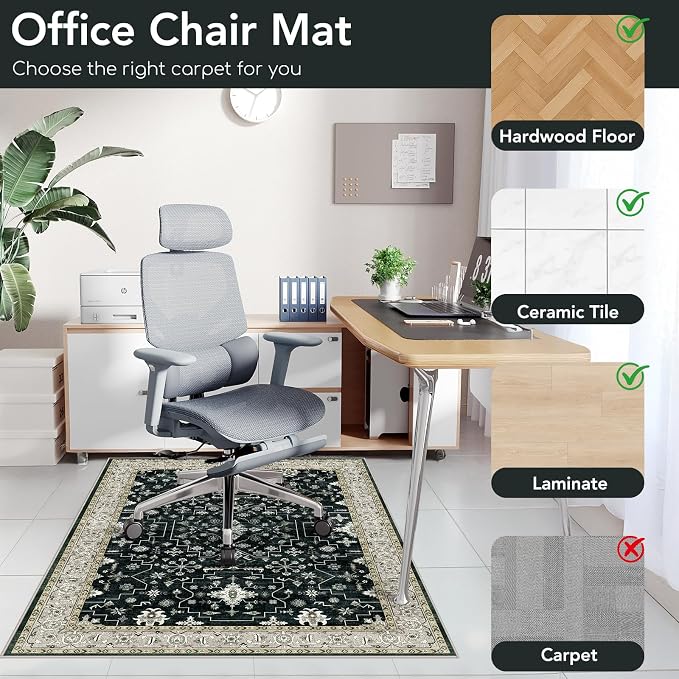 Office Chair Mat for Hardwood Floor&Tile Floor,36"X 48"-Frame Black White | Heavy Duty Desk Chair Mat for Hard Floors,Under Desk Rug for Rolling Computer Chair,Anti Slip,Low Pile Carpet Floor