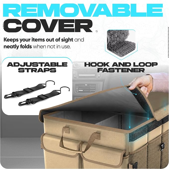 FORTEM Trunk Organizer - Foldable Car Organizer & Storage for SUVs & Trucks | Car Accessories for Men Women, Collapsible Bag, Non Slip Bottom, Straps, Soft Cover, 600D Oxford, Beige, 6 Compartments, 85L
