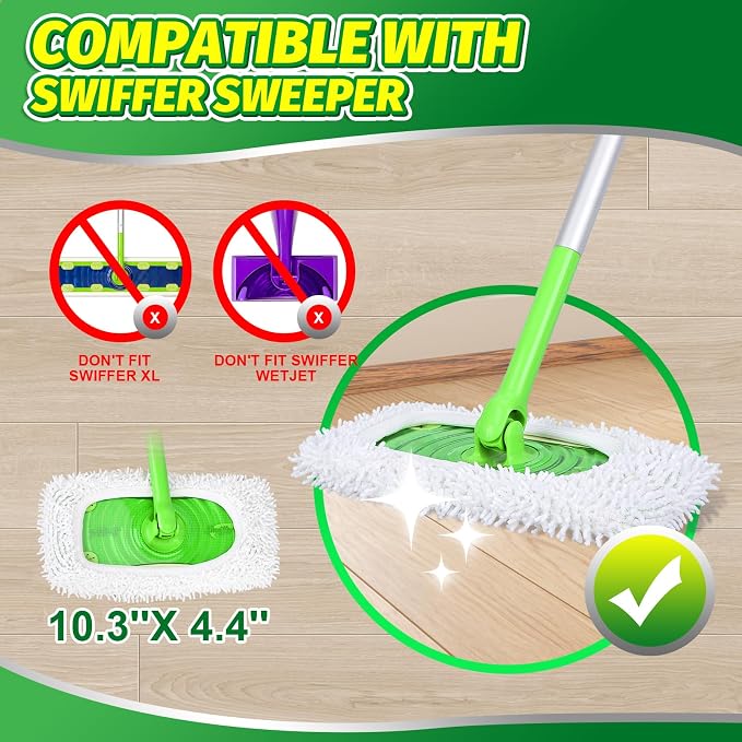 Reusable Dry Sweeping Cloths Compatible with Swiffer Sweeper Mop | 6 Pack Microfiber Chenille Mop Pads for Dry & Wet Use, Washable Wet Mopping Refill for Mopping Floors (Mop is not Included)