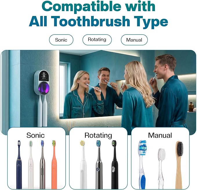 Jetfresh UV Toothbrush Sanitizer and Holder with Fan Drying | Wall Mounted UV-C Toothbrush Cleaner | Tooth Brush Sanitizer Holder Auto Shut-Off, USB Rechargeable, Fits All Brushes.