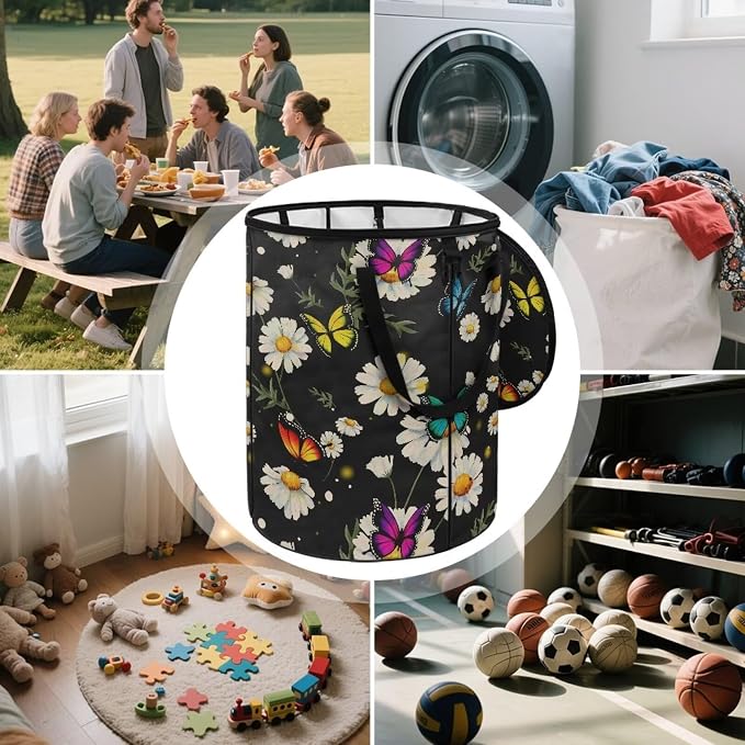 Daisy Butterfly Print 24 Gallon Garden Waster Bags with Lid and Handles Reusable Lawn Garden Bags Collapsible Trash Can for Camping Outdoor Picnics