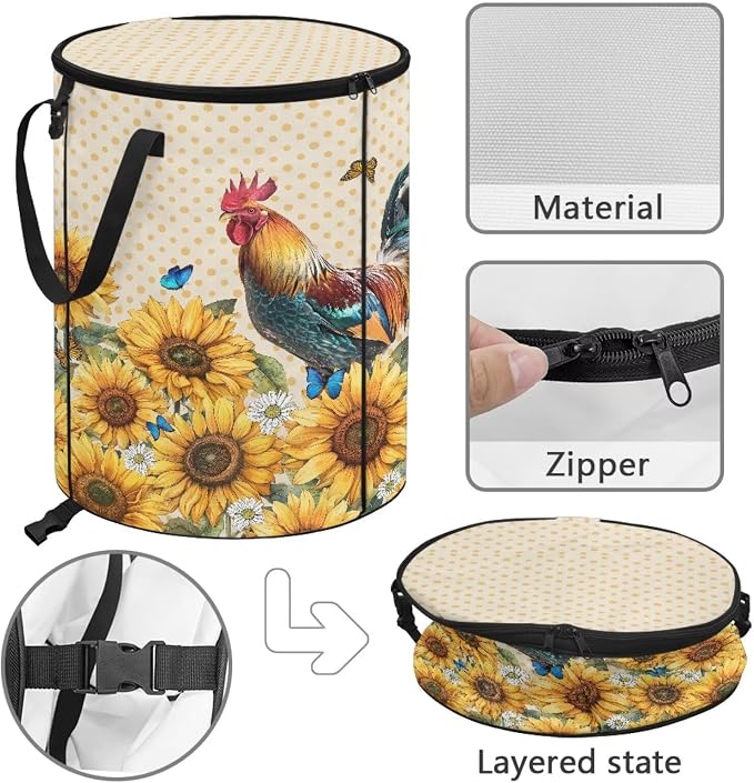Sunflower Rooster Outdoor Collapsible Trash Can Lightweight & Easy to Carry Pop up Trash Can for Camping Foldable Waterproof Camping Essentials 24 Gal Yard Garden Garbage Bin