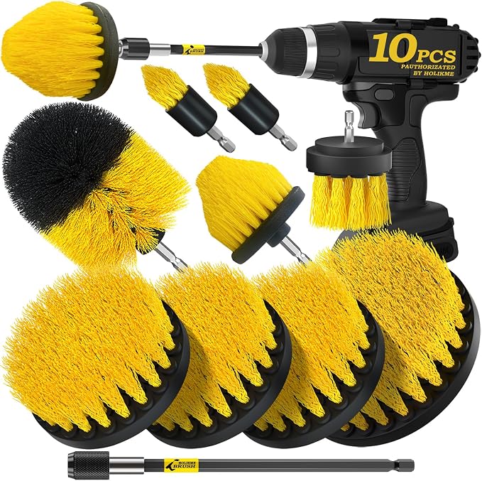 Holikme 10Pack Drill Brush Attachments Set，Power Scrubber Kit for Clean | 9 brush sizes, nylon bristles, extension reach, bathroom, tile, grout, kitchen and car cleaning, yellow