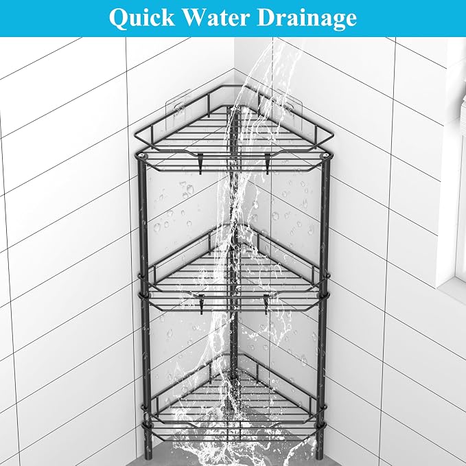 HuggieGems Metal Floor Standing Corner Shower Caddy, Matt Black, 3 Tier | Adhesive Bathroom Organizer Shelves, Free Standing Shower Rack with Hooks, Hold Large Shampoo Bottles