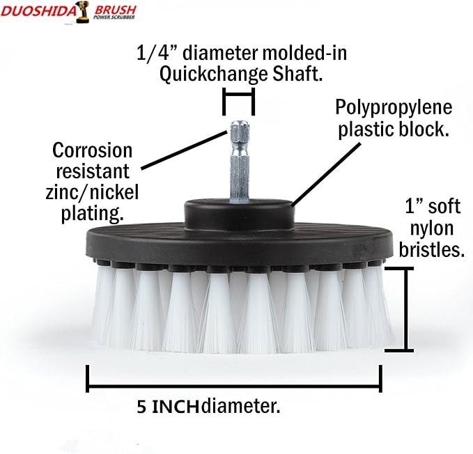Drill Brush 5 inch Soft Bristle White Quick Change Shaft