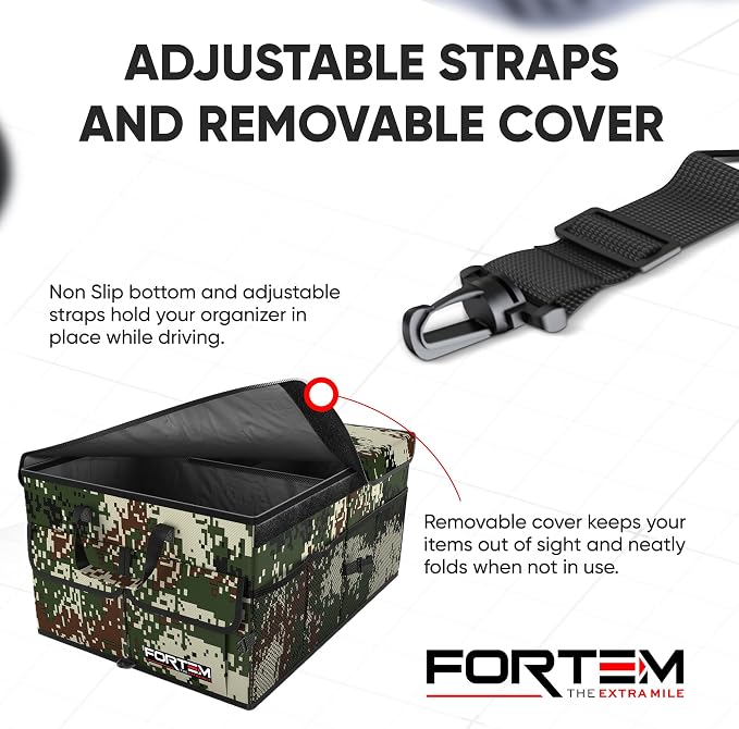 FORTEM Trunk Organizer - Foldable Car Organizer & Storage for SUVs & Trucks | Car Accessories for Men Women, Collapsible Bag, Non Slip Bottom, Straps, Soft Cover, 600D Oxford, 3 Compartments, 50L