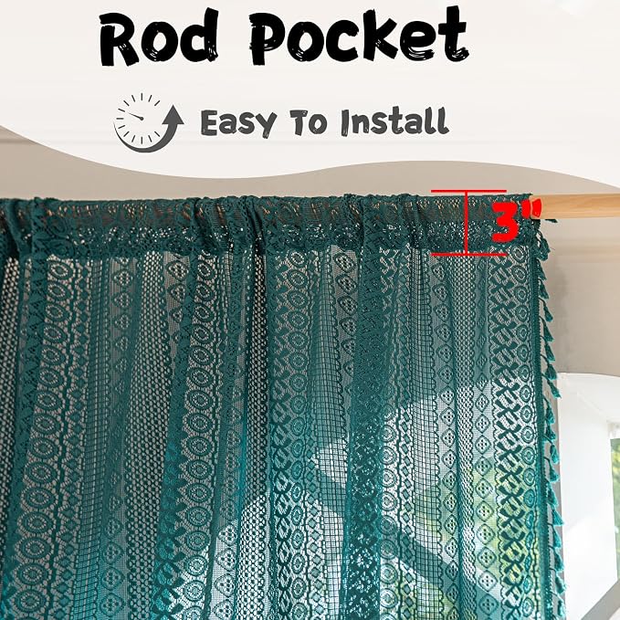 Sutuo Home Boho Curtains 72 inches Long for Bedroom Living Room, Crochet Lace Sheer Bohemian Hollow Knitted with Tassels, Rod Pocket Window Treatment Drapes, 1 Panel 59" W x 72" L, Turquoise