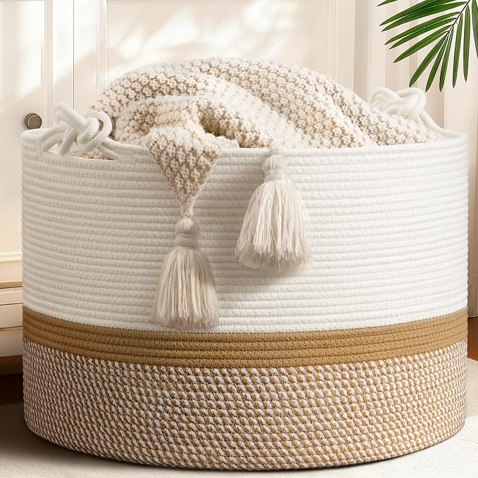 22"x22"x14" Large Blanket Basket, Home Décor for Living Room Bedroom, Cotton Rope Laundry Basket for Clothes Pillows, Baby Fall Decorations for Home Toy Storage, White & Camel