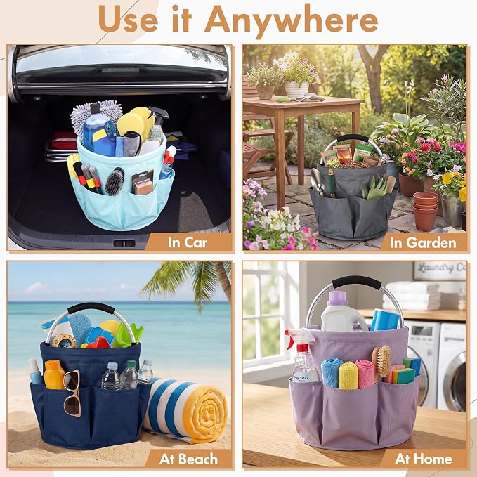 LemonRoad 10 Pack Cleaning Caddy with Handle Bulk 17L Collapsible Cleaning Supplies Organizer, Waterproof Oxford Cloth Tote with 6 Pockets & Soft Grip Handle for Housekeeping, Office, Home, Garden