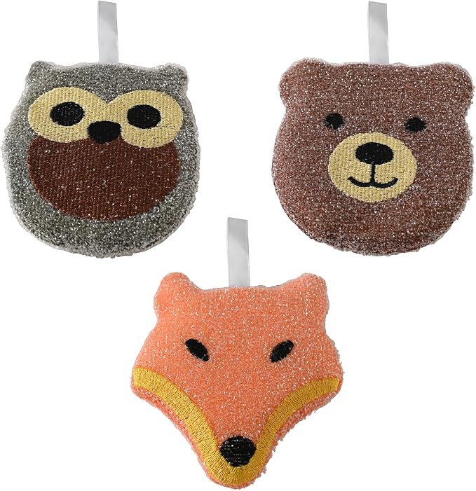 Fox Run Woodland Animal Sponge Set, Non-Abrasive Fox, Owl & Bear Scrubbers | Easily Clean Plates, Pots & Glasses | Dish Sponges For Nonstick Pans | Cute Kitchen Décor | Reusable Animal Scrub Sponge Set