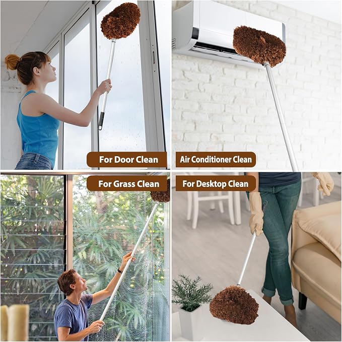 FONUNO Ceiling Fan Cleaner Duster High Ceiling Extended Fan Blade Cleaner | Reusable Microfiber Ceiling Fan Duster with Extension Handle from 13 to 50 Inch for Furniture Bookshelves Wall Door, Brown