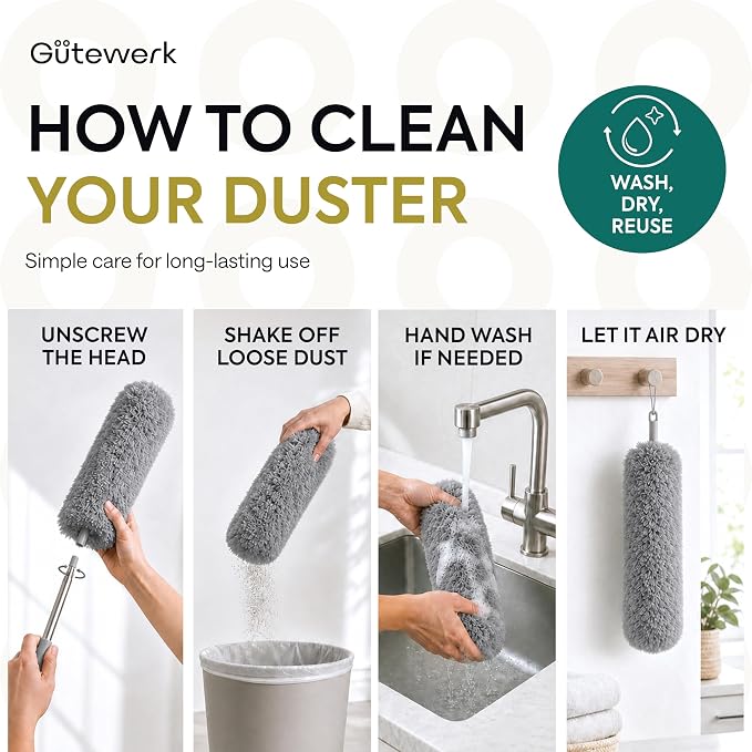 GÜTEWERK Extendable Microfiber Duster, 100 Inch - Feather Dusters for Cleaning Ceiling Fans, Blinds, Baseboards & High Ceilings - Washable, Electrostatic, 360° Bendable Head, Stainless Steel Pole