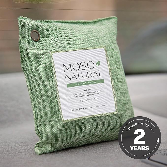 Moso Natural Air Purifying Bag 200g (3 Pack) Charcoal Odor Absorber, Car Odor Eliminator & Closet Deodorizer for Home & Pet, Lasts 2 Years, Unscented Bamboo Charcoal Bags, HGTV Editors' Pick (Green)
