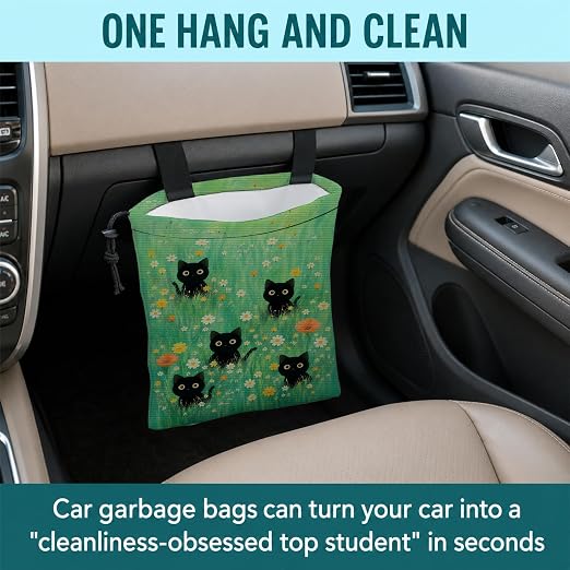 Black Cat Floral Car Trash Bag Hanging for Back Seat | Cottagecore Black Cat Canvas Drawstring Car Garbage Bag with Adjustable Buckle Vehicle Trash Can