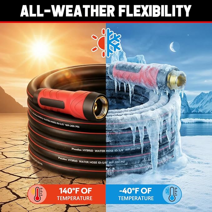 Garden Hose 75ft x 5/8", NON-EXPANDABLE Heavy Duty Hose with Nozzle | 10 Function Spray Nozzle, No Kink, Leakproof, Lightweight Hybrid Hose with Swivel Handle, Male to Female Fittings