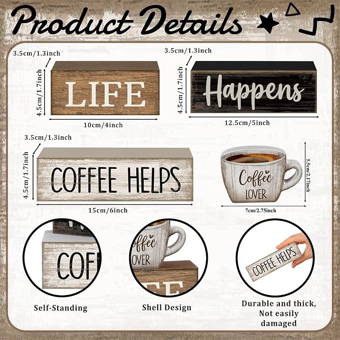 Moucuny 4 Pcs Wooden Coffee Bar Signs Farmhouse Table Decor Blocks | Stackable Rustic Blocks with Quotes, Tiered Tray Accessories, Kitchen Countertop Centerpiece, Home Cafe Corner Decorations