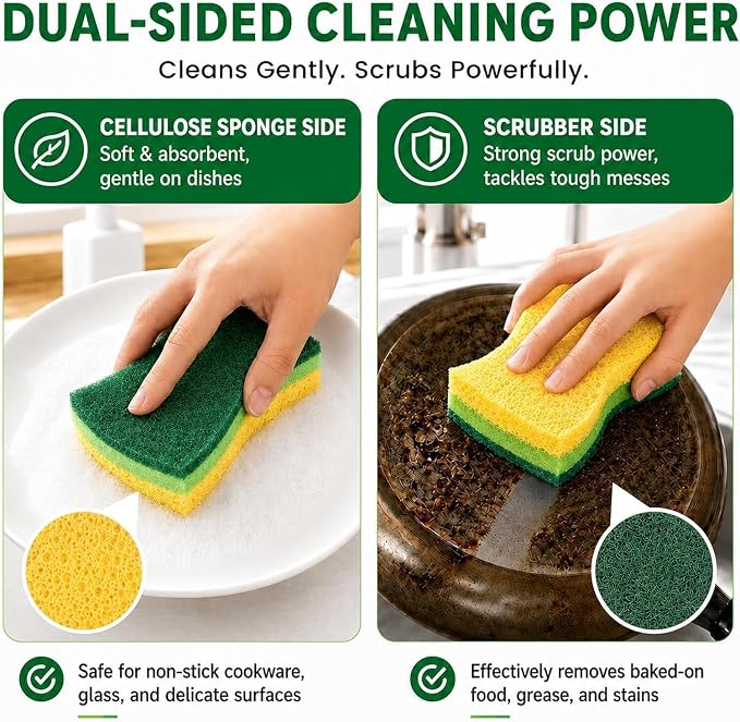 12 PCS Sponges Kitchen, Non Scratch Scrub Sponges for Washing Dishes, Green | 3-Layer Kitchen Sponge, Dual-Sided Cleaning, Rich Suds Fast, Easy-Grip Design, Easy Rinse & Quick Clean, 12 Pack Value