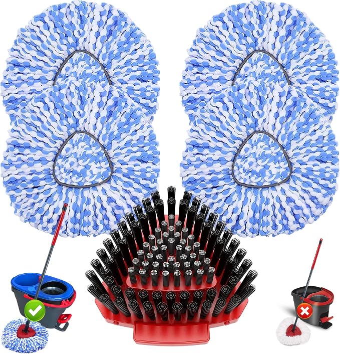 5 Pack Spin Mop Replacement for O Cedar RinseClean System-4 Heads +1 Brush | Upgrade Dual-Bristle Scrub Brush, Soft Inner & Stiff Outer,20° Angled for Corners,100% Microfiber Refill,Reusable & Washable