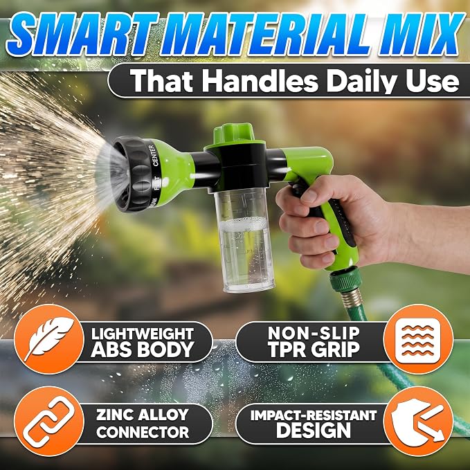 Hose Nozzle with Soap Dispenser and Trigger Flow - Car Wash Sprayer and Soap Sprayer Hose Attachment, Foam Control Dial, 8 Spray Patterns, 3.5 oz Refillable Tank - Fits 3/4 Inch Hose, Ergonomic Grip
