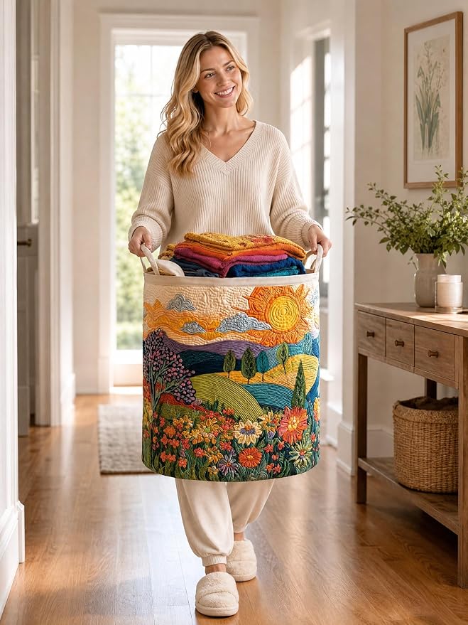Quilted Laundry Basket with Handles, Boho Floral Quilted Storage Hamper, Large Capacity Laundry Hamper for Nursery Bedroom Laundry Room Home Decor (Pattern 08, Medium (22"H x 16"W x 16"L))