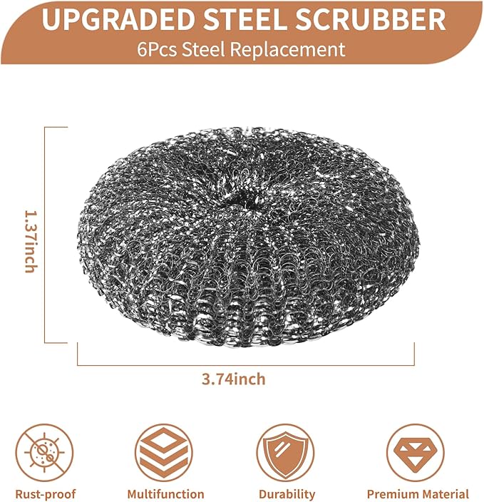 6PCS Steel Wool Scrubber Sponge Set, Barbecue Grill Cleaning Scrubber Pads | Stainless Steel Scrubber Replacement for Scouring Messes from Cast Iron, Pots, Pans, Grill, Stoves, Sink (6 Pads)