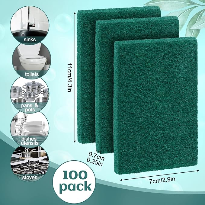 Hoolerry 100 Pcs Non Scratch Scouring Pads for Kitchen Dish,Green | Reusable Anti Grease Scrubbers, for Pan Metal Grills Cookware, Household Cleaning Dishwashing, 4.3 x 3 x 0.3 Inch Size