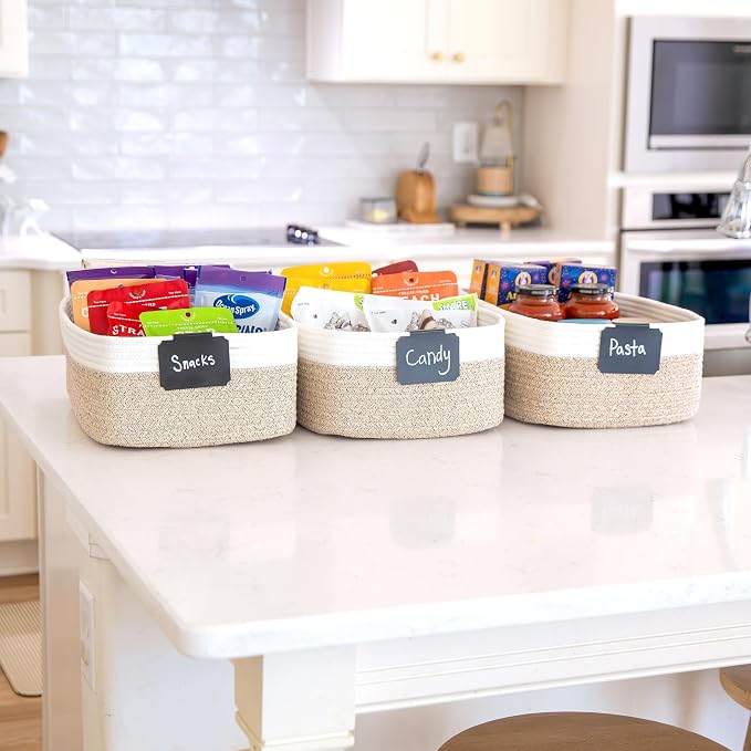 Woven Rope Baskets for Organizing, 3 Pack, 15.5 x 11 x 5.5" Storage Bins | Storage baskets and organizer bins for shelves, pantry, closet storage, toy organizer, bathroom storage, nursery, towels