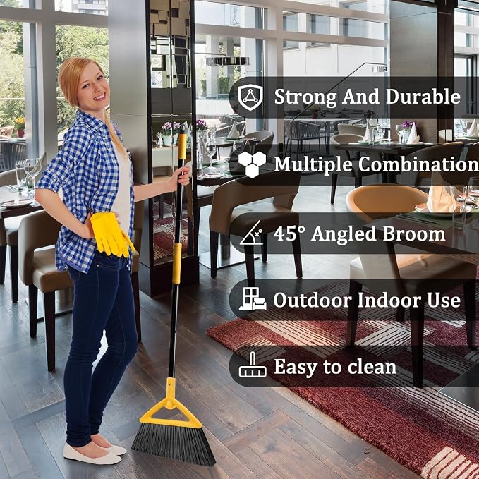 Heavy Duty Yellow Angle Broom with Long Handle - 1 Pack | Versatile Indoor/Outdoor Sweeping, for Courtyard/Garage/Sidewalk/Kitchen/Lobby/Canteen, Durable & Efficient