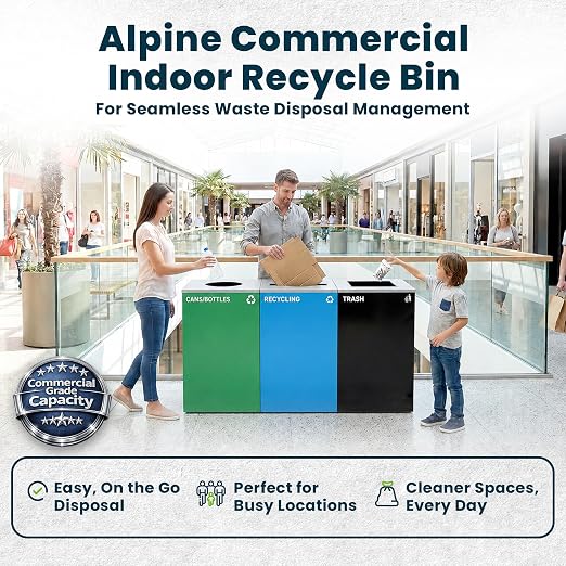 Alpine Commercial Indoor Recycle Bin with Lid - 29 Gallon Blue Recycle Bin Recycle Trash Can Office Recycling Bins, Metal Recycling Container with Stickers & 3 Optional Lids Sold Separately