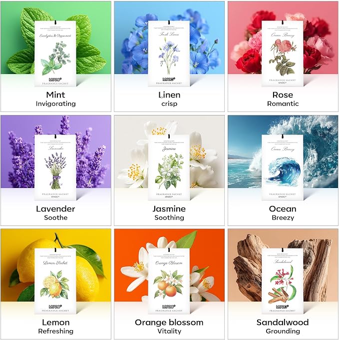 MYARO 12 Pack Jasmine Scented Sachets, Closet Deodorizer Car Air Freshener | Long-Lasting Sachet Bag, Odor Eliminator for Closet, Drawer, Bathroom, Clothes, Fabric Refresher, Home Fragrance Gift Set
